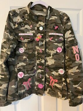 Adult Camouflage Button-Up Jacket with Cancer Pink Ribbon Accents.